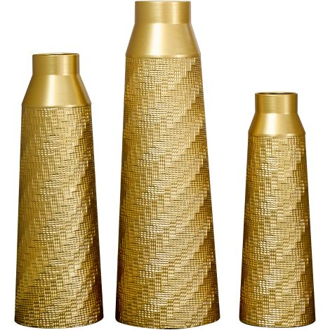 Dekorative goldfarbene Metallvasen, 3-teiliges Set (klein, mittel, groß), handgefertigte strukturierte Bodenvasen für Wohnzimmer und Eingangsbereich, elegantes, kompaktes Design, nicht wasserdicht