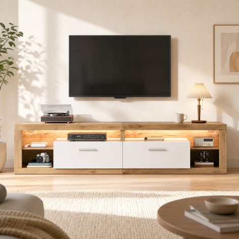 Mueble TV 180x35,5x50 cm natural con LED App, 2 cajones y 4 huecos (1/5)