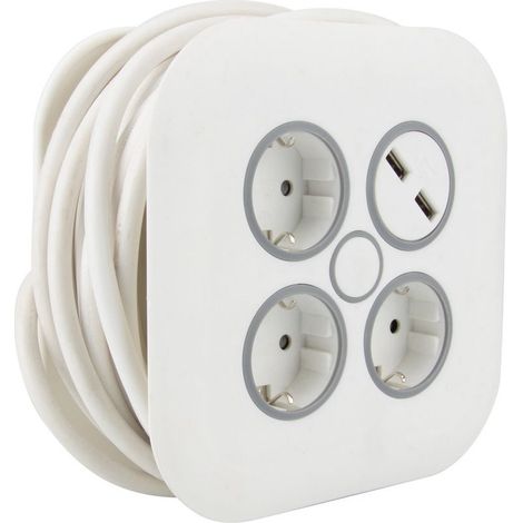 Enrouleur domestique 3 prises Schuko + 2 USB 2,4A 7m - Blanc - (1/5)