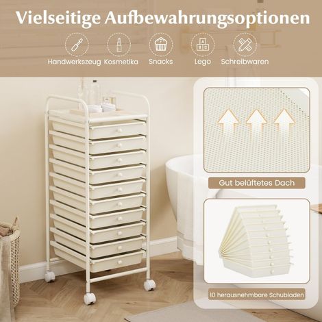 Carrito de almacenamiento con ruedas de 10 cajones, 33 x 37 x 86 cm, blanco
