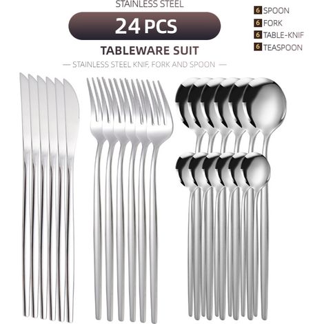 Lot de 24 couverts en acier inoxydable argenté, service pour 6 personnes, couteaux à steak pour hôtels et repas occidentaux (1/5)
