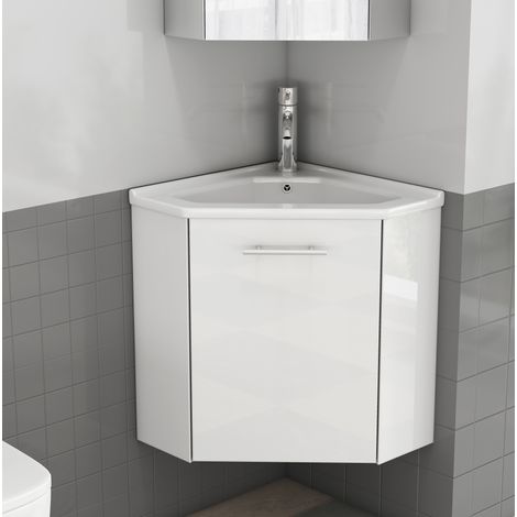 Mobile bagno angolare bianco lucido con lavabo in ceramica, cerniere a chiusura ammortizzata, MDF (1/5)