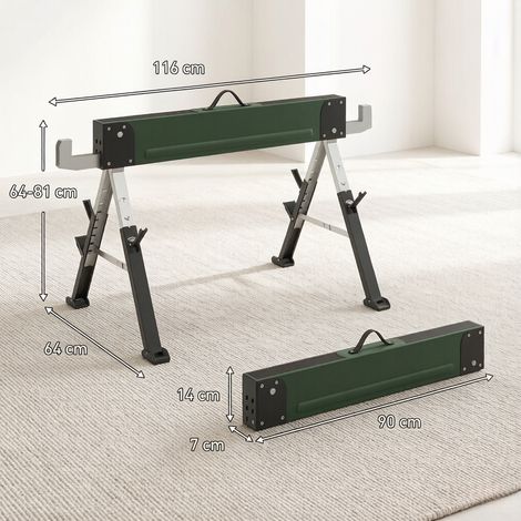 Set de 2 tréteaux pliants en acier, capacité 1160 kg, hauteur ajustable 64-81 cm, avec poignée de portage (1/5)