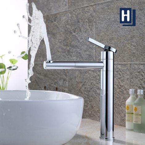 Robinet de Lavabo Chromé Pivotant 360°, Mitigeur Salle de Bain Haut Bec en Laiton, Robinetterie Lavabo pour Vasque (1/5)