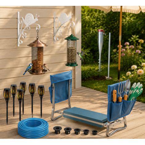 Ensemble complet de jardin (5 pièces) – Mangeoire à oiseaux 3-en-1, genouillère et ancrage pour parasol (1/5)