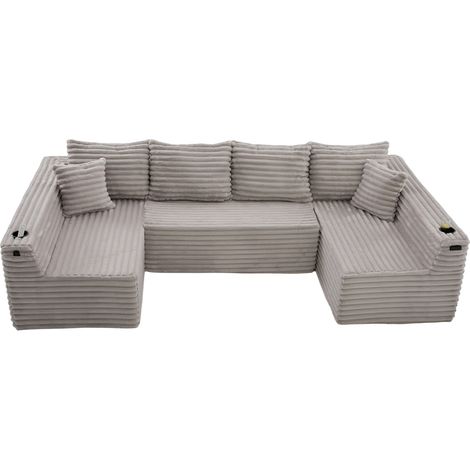 U-Form Modulares Sofa aus Cord mit Getränkehalter und Seitentasche, Hellgrau, 320 x 155 x 88 cm (1/5)