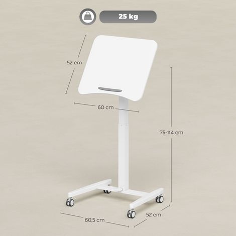 Bureau debout réglable en hauteur,bureau roulant avec table basculante,bouchon de sécurité,roulettes,blanc