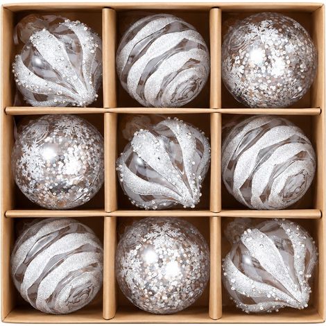 Ensemble de 9 boules de Noël en PET de 8 cm (3,15 po), blanc champagne et or, décorations de Noël blanches. (1/5)