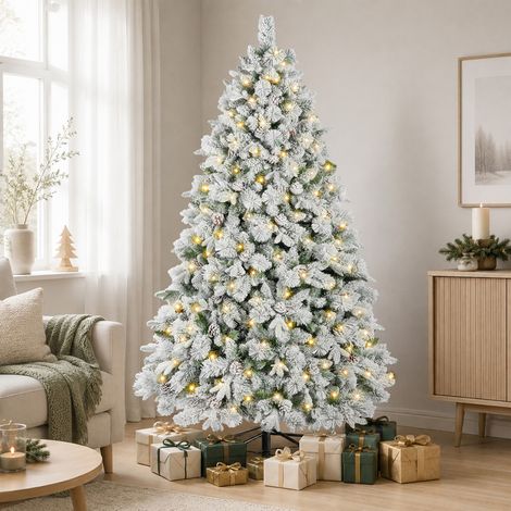 Künstlicher Weihnachtsbaum mit Schnee, 210 cm – beschneter Tannenbaum mit Lichterkette und Zapfen, inkl. Metallständer, Weihnachtsdekoration (1/5)