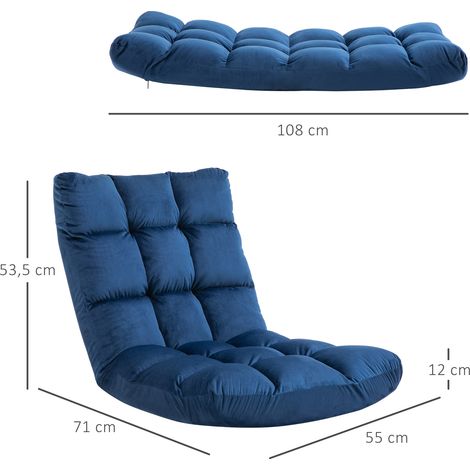 Fauteuil, matelas d'appoint, chaise de sol, dossier réglable, aspect velours, 55 cm x 71 cm x 53,5 cm, bleu (1/5)