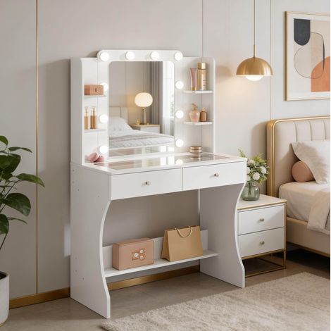 Coiffeuse en MDF blanc avec miroir LED tricolore, plateau en verre et 2 tiroirs (1/5)
