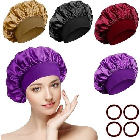 4-Piece Nighttime Hair Cap and 4 Hair Ties, Soft Satin Sleep Hat with Wide Band for Women (1/4)