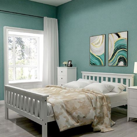 Lit double 140x200 cm en bois massif, lit en pin blanc avec sommier à lattes, pour adulte, enfant et adolescent (1/5)