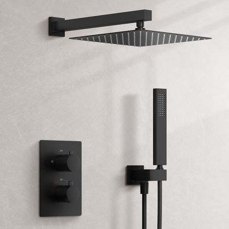 EVERSTEIN Duschsystem Schwarz Matt Regendusche Thermostat 38 Grad Unterputz 2 Funktionen 12 Zoll Kopfbrause Handbrause Messingkörper 40 cm Duscharm G1/2 150 cm Brauseschlauch Bad