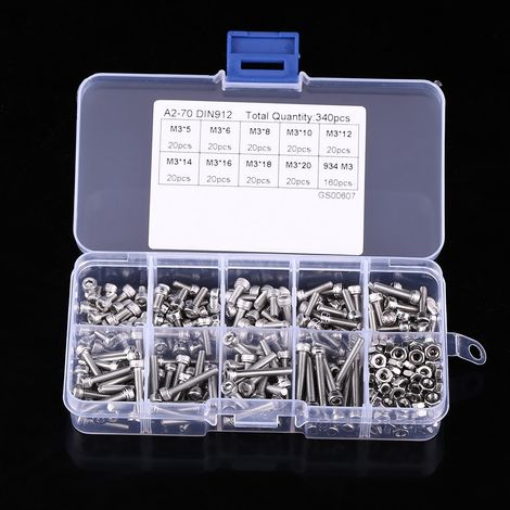 Kit 340 vis à tête cylindrique creuse M3 en acier inoxydable 304 avec écrous, assortiment de boulonnerie (1/5)