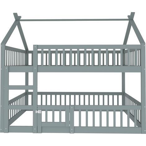 Lit superposé enfant 140x200 gris, lit mezzanine avec escalier et toit, cadre en bois massif pour chambre, charge 120 kg (1/5)
