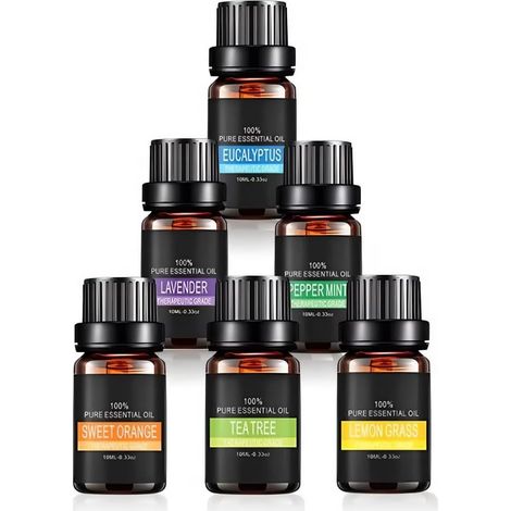 Lot de 6 huiles essentielles 100% naturelles pour diffuseur, bougies et savons (Lavande, Arbre à thé, Eucalyptus, Citronnelle, Orange, Menthe poivrée, 6 flacons de 10 ml) (1/5)