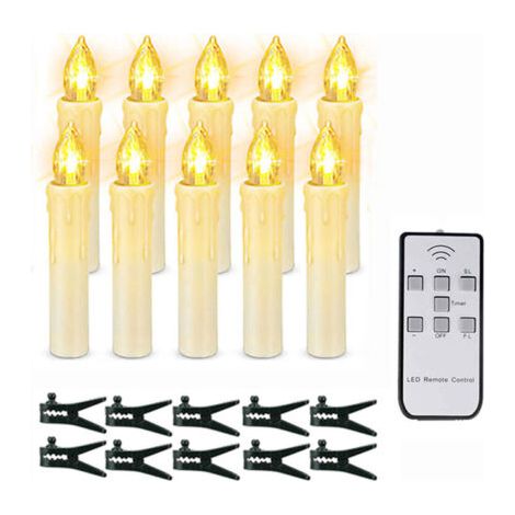 Set di 10 candele natalizie a LED con telecomando e timer di luminosità regolabile, candele wireless per albero di Natale, decorazioni natalizie per matrimoni. (1/5)