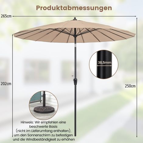Sombrilla de patio de 265 cm, protección UV 50+, inclinación y manivela, marrón