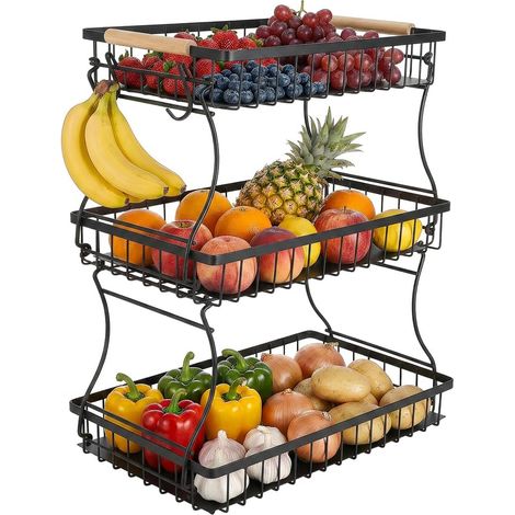 Présentoir à Fruits Métal, Panier Fruits Légumes, Rangement Cuisine avec 3 Plateaux, 3 Crochets, adaptée à la Cuisine ou au Salon, Noir, 37x21x45cm (1/5)