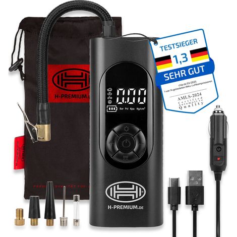 HEYNER® Digitaler Akku‑Kompressor 6.000 mAh, 10 bar Luftkompressor mit Auto‑Stopp, LCD, LED‑Licht, SOS‑Signal und Powerbank, für Auto, Motorrad, Fahrrad, Camping, inkl. Schlauch, Adaptern und USB‑C La (1/5)