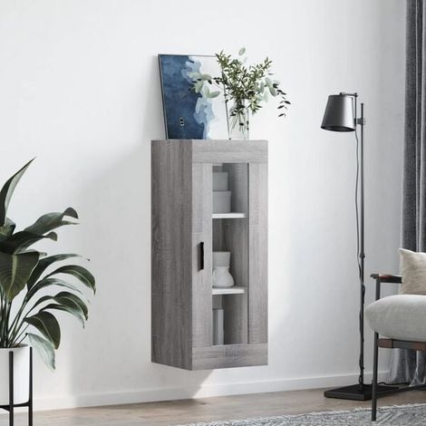 Meuble de Rangement Mural 34,5x34x90 cm - Placard de Stockage Suspendu Style Industriel en Bois Effet Chêne Gris pour Salon, Entrée ou Bureau (1/5)