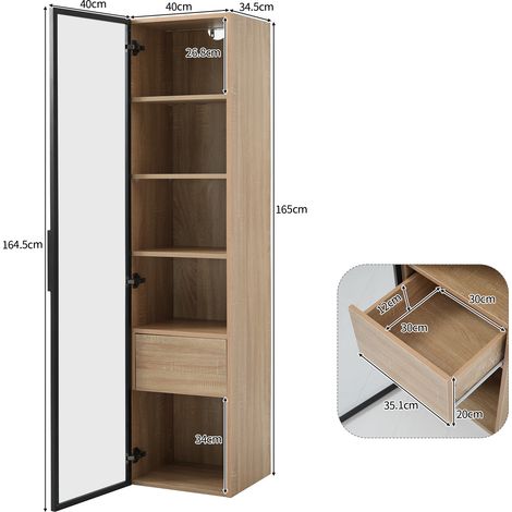 Armoire de salle de bain,moyenne,avec bande légère,40 cm de large,avec 1 grand tiroir et 1 porte,porte vitrée