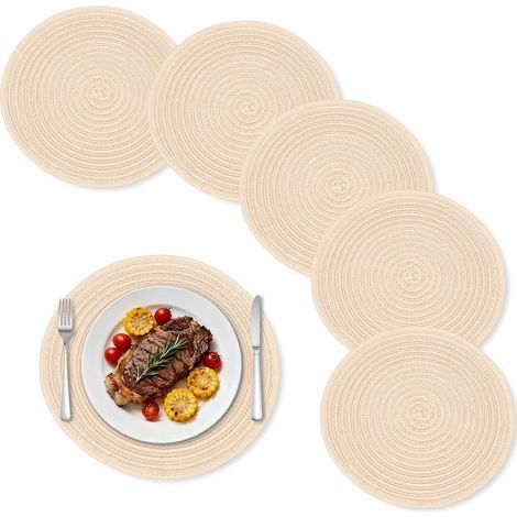 Set mit 6 runden Tischsets aus Baumwolle, 30 cm Durchmesser, waschbar, flecken- und hitzebeständig. (1/5)