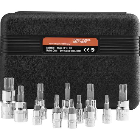 Coffret de douilles Torx 13 pièces, embouts T8 à T60, acier S2 et Cr-V, entraînements 6,4-9,5-12,7 mm, mallette de rangement (1/5)