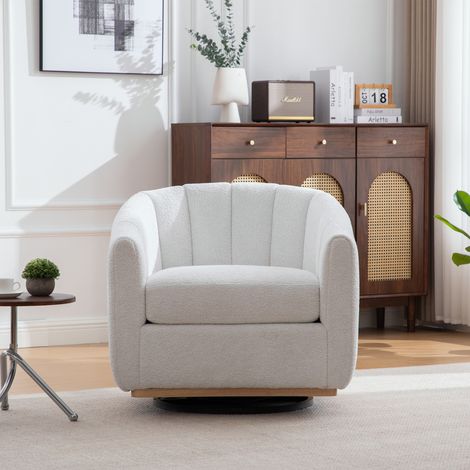 Ottoman chenille ivoire 360° pivotant, fauteuil tonneau à pompons forme citrouille pour salon et chambre