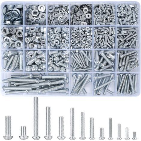 Kit de 1080 vis filetées M3 M4 M5 M6 – écrous hexagonaux et rondelles – Métal résistant à la corrosion – Pour assemblage et réparations - 1080pcs (1/5)