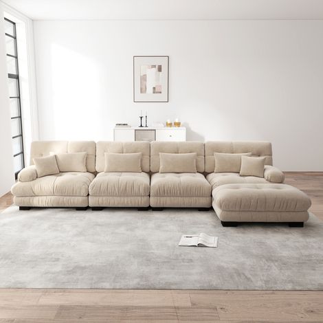 Divano angolare effetto nuvola da soggiorno, divano 4 posti in ciniglia con poggiapiedi e 6 cuscini, senza montaggio - Beige