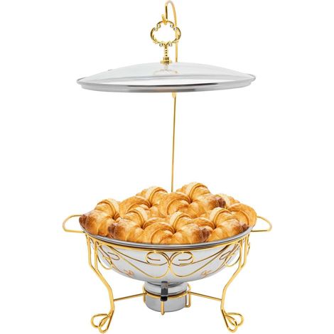 6L Runder Chafing Dish Standfuß Edelstahl Speisenwärmer Warmhaltebehälter Chafing Dish Set mit Deckel und Anti-Griff, Heizung der Alkohollampe, für Buffets, Partys, Restaurants (Gold)