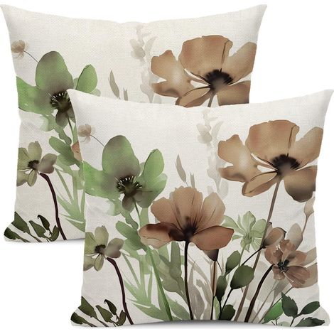 Set aus 2 Kissenbezügen, 40 x 40 cm, aus frühlingsgrünem Leinen mit lila Blumenmuster, ideal für Sofas, Schlafzimmer oder den Außenbereich, braun-grün (1/5)