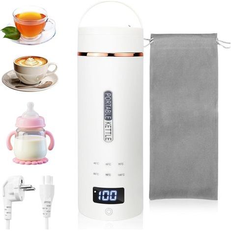 Reiswaterkoker, klein, 450 ml, 6-in-1 reiswaterkoker met temperatuurweergave, draagbare elektrische waterbeker, 316 roestvrijstalen voering, automatisch sluiten voor thee, koffie, babymelk (beige) (1/5)