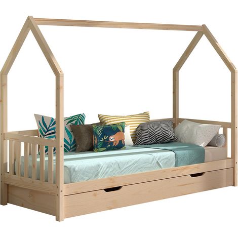Pack - Lit Enfant & Tiroir-Lit "Cabane" 90x200cm Naturel