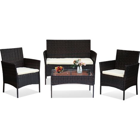 SWANEW Set di mobili da giardino in polyrattan - Set di mobili da balcone con tavolo, divano e 2 sedie - Gruppo di sedute 4 persone nero con cuscini (1/5)