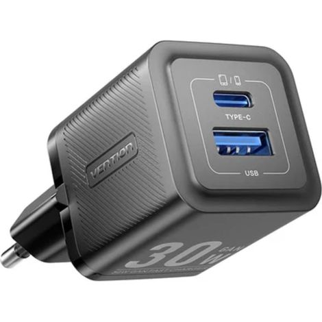 Wandladegerät mit 2 Anschlüssen 30W USB-A, USB-C GaN Ladegerät EU-Stecker Schwarz