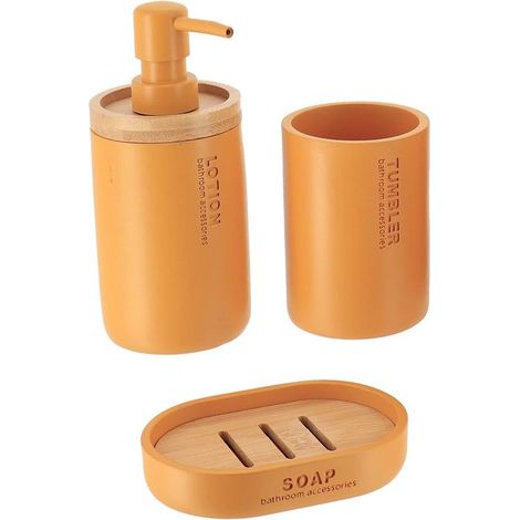 1 - Ensemble Accessoires Salle De Bain - Gobelet Distributeur Savon Porte-savon - Polyresine Bambou - Usage Quotidien - Moutarde - 20x15x10cm