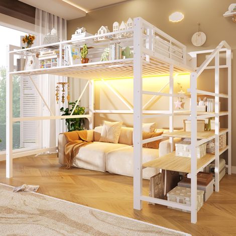 Lit mezzanine 140x200 cm avec LED, étagère escalier et rangements, structure stable en métal et MDF blanc (1/5)
