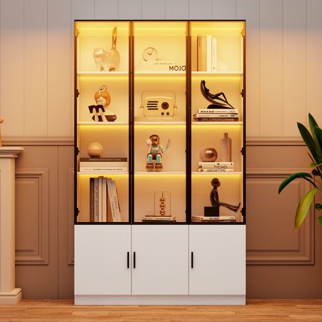 Vitrina blanca con iluminación LED, 120x32x200 cm, 6 puertas de cristal, armario de almacenamiento de MDF - 1 unidad (1/5)