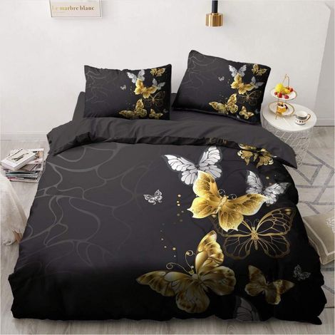 Bettwäsche-Set 200x200cm mit Schmetterlings-Muster, Schwarz Gold, Microfaser