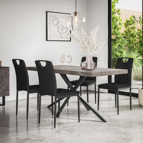 Donni Dining Table And Chairs - Grey Table Top w Black Legs + Monza Faux Leather Dining Chair Set Of 6 (Black) (1/5)