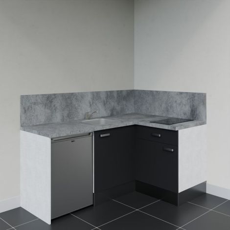 Kitchenette d'angle KA01L-PT électroménager inclus - Façade Noir - Plan Gris béton - Evier Inox - Crédences Oui + Electroménager inclus coloris Inox (1/4)
