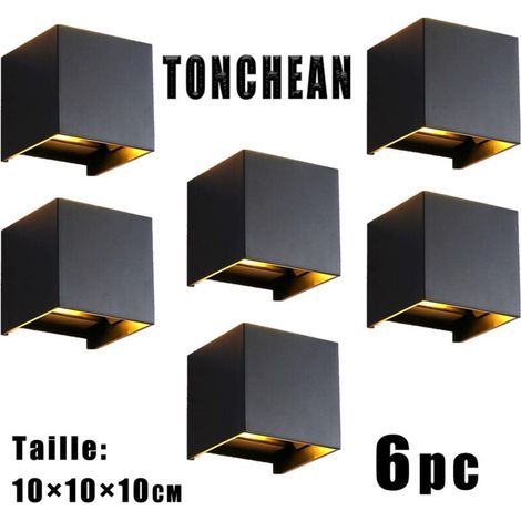 6 Appliques Murales LED Carrées 12W Étanches Extérieur Noir Blanc Chaud 3000K Angle Réglable Classe A (1/4)