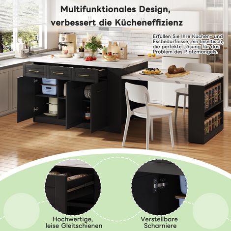 Îlot central de cuisine polyvalent avec table repas escamotable noire, dimensions 150 cm + 96 cm, dessus stratifié effet marbre blanc, meubles de rangement intégrés, parfait pour cuisines spacieuses e (1/5)