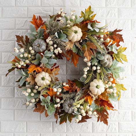 Couronne imitation automne de feuilles d'érable et de citrouille artificielle, couronne de porte d'entrée blanches, couronne décorative, 40 cm (1/5)