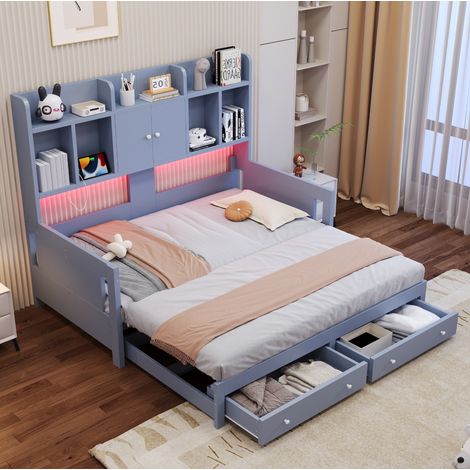 Divano letto 90x190 cm con letto estraibile, 2 cassetti, ripiani, armadietto, nicchie a giorno, presa integrata e LED, grigio (1/5)