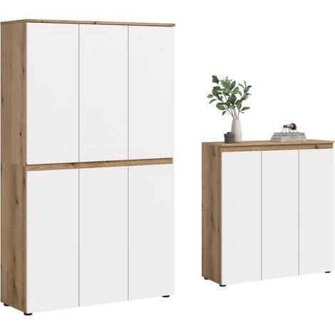 Scarpa Schlafzimmer-Set Kleiderschrank und Sideboard, 9 Türen Eiche Dekor, weiß.