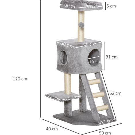 Kratzbaum 120 cm Katzenturm mit Höhle, Spielball, Sisalstämme, Plattform, Treppe, mehrstöckiger Katzenkratzbaum, Kletterbaum für Katzen, Hellgrau (1/5)